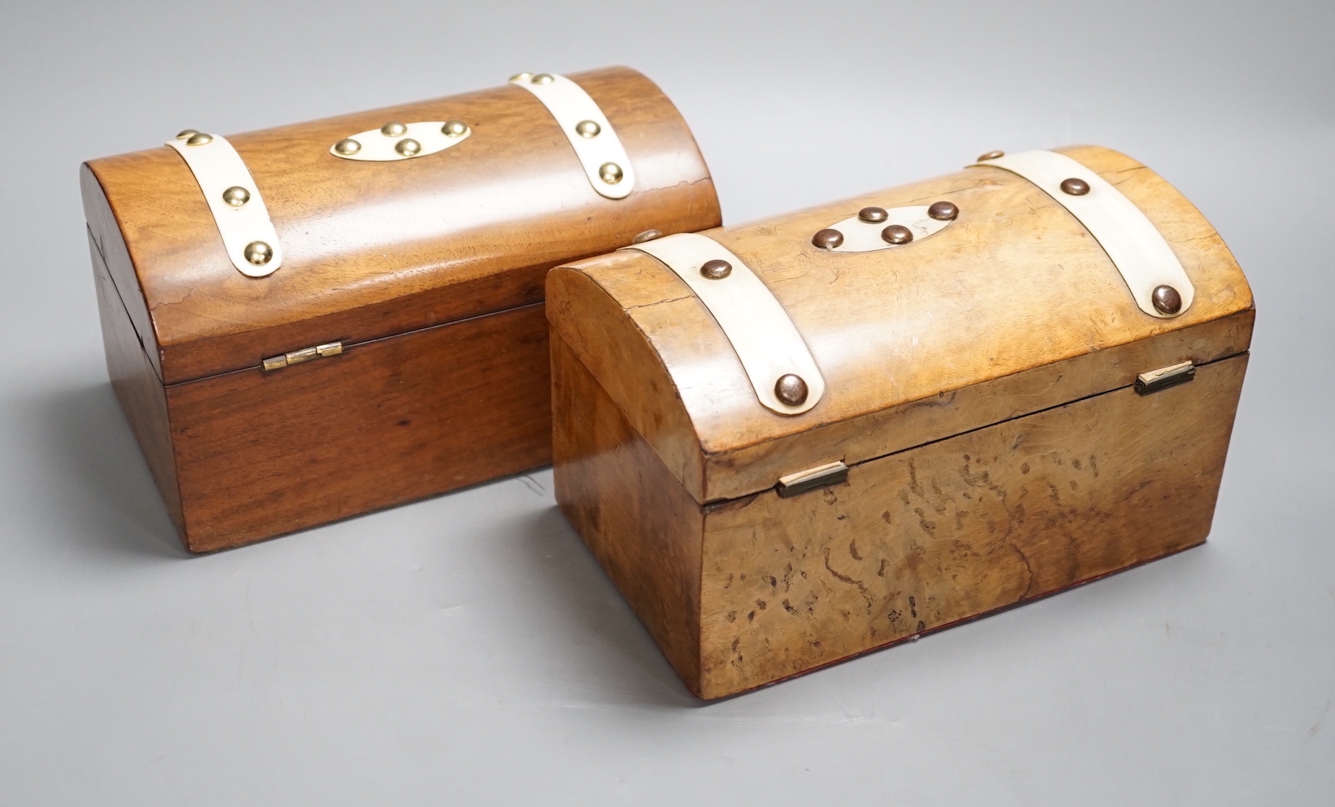 Two 19th century ivory mounted walnut dome topped tea caddies 20cm